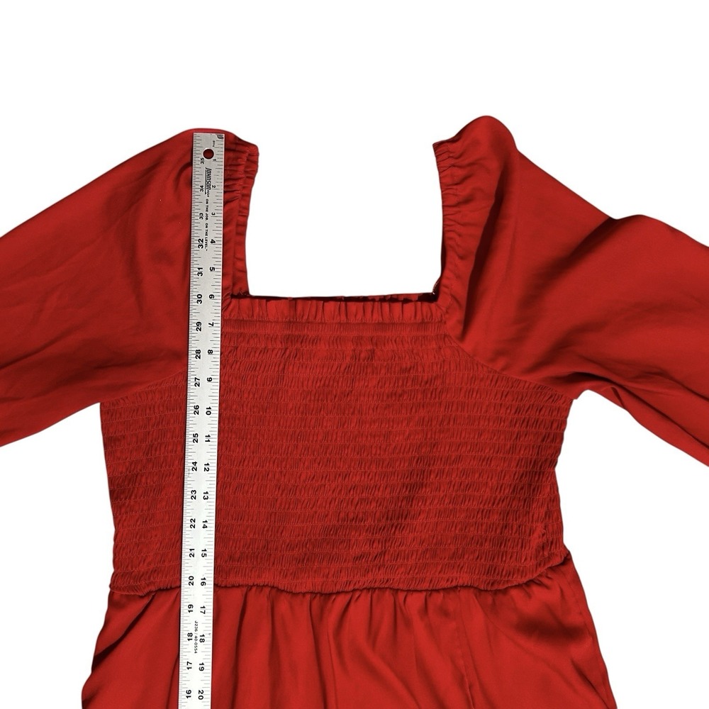 LA LIGNE Red Midi Dress sz L Smocked Bodice Balloon Sleeve Minimalist Workwear - Picture 5 of 12